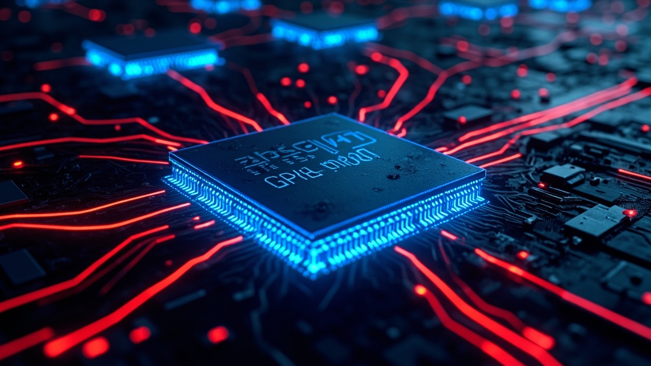 Imagen generada por IA con el prompt: A close-up of a glowing blue GPU chip labeled 'Zhenwu M890' with intricate circuitry. In the background, multiple chips interconnected by bright red lines symbolizing the ICN Switch. High-tech data center, editorial tech