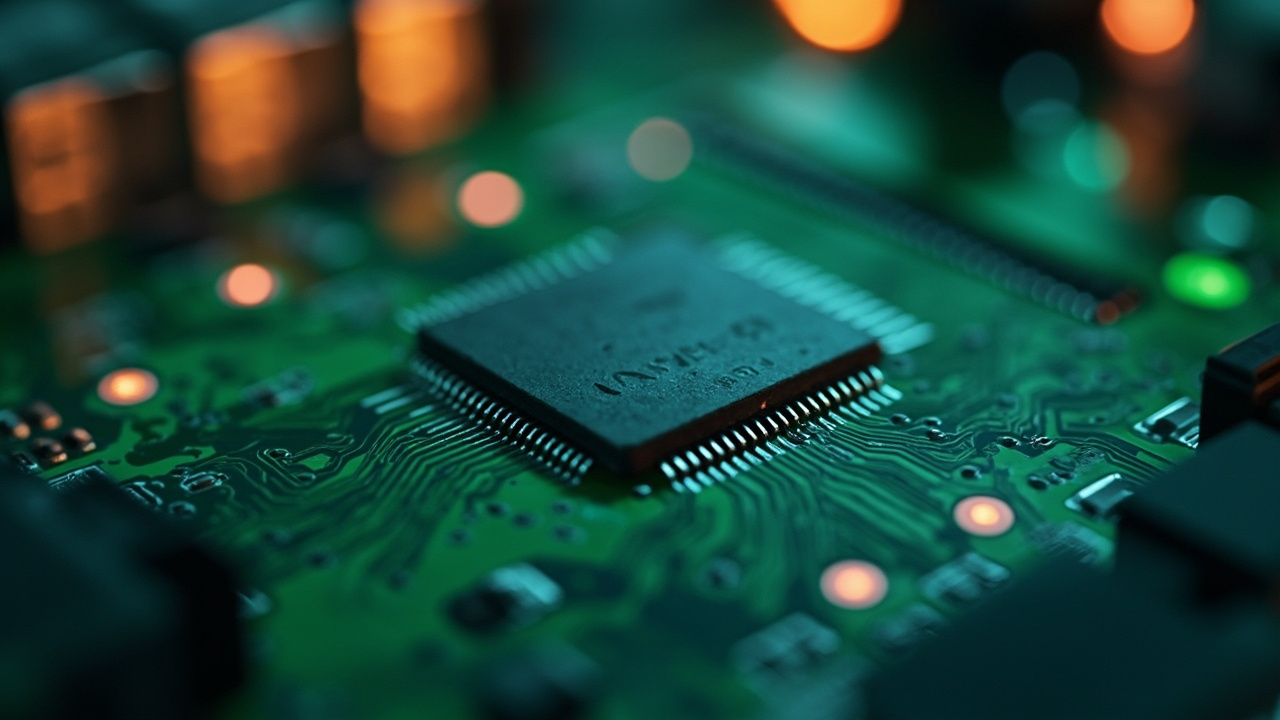 Imagen generada por IA con el prompt: Close-up of a modern IoT microcontroller chip on a green PCB with soft studio lighting, a small smart display device blurred in the background, technical product photography style