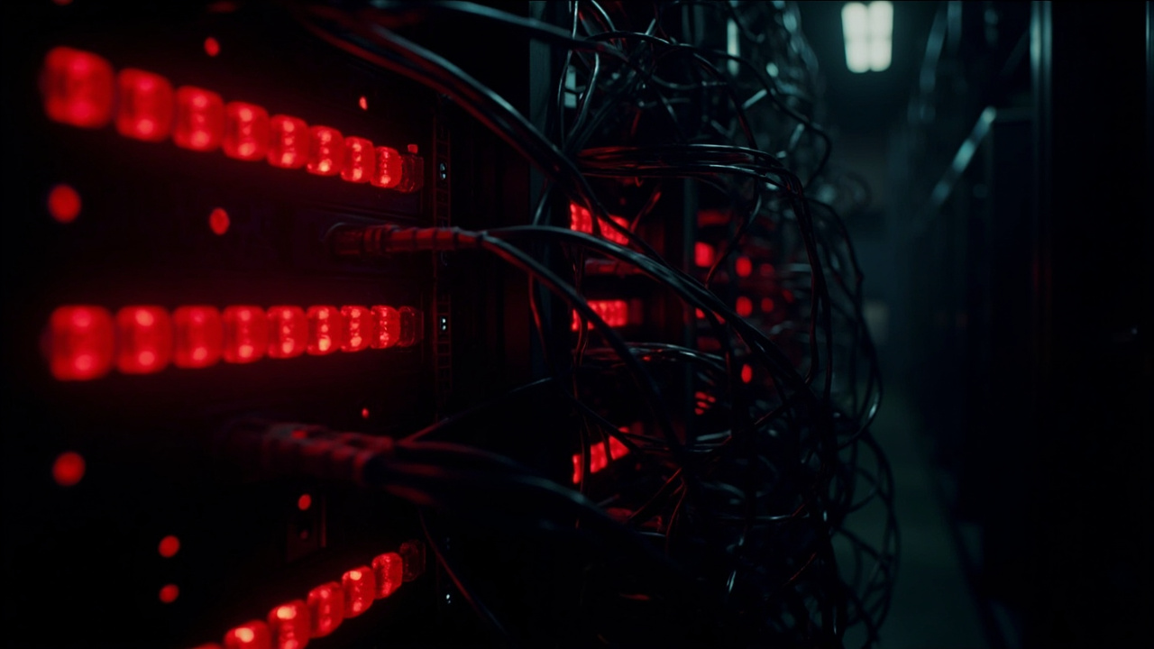 Imagen generada por IA con el prompt: Dark server rack glowing red warning lights, tangled network cables, abstract binary code streams flowing, cybersecurity threat atmosphere, cinematic mood
