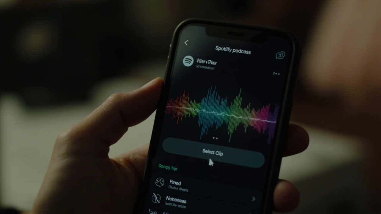 Imagen generada por IA con el prompt: Mobile phone screen showing Spotify podcast player with a scissors icon button, hand touching to select a clip, colorful waveform, modern minimal interface, no faces or logos, editorial photography style.