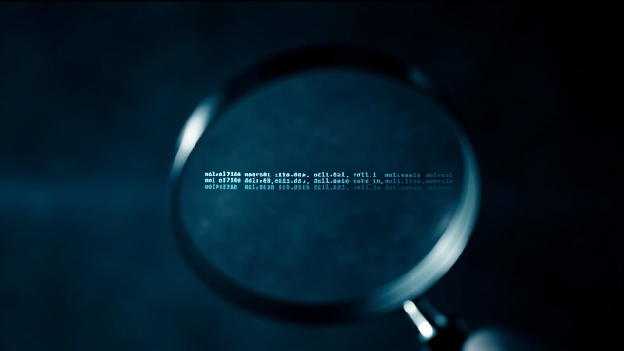 Imagen generada por IA con el prompt: Editorial illustration of a magnifying glass shrinking a stack of code lines into a single line, minimalist style, dark background, blue and white tones, debugging concept.