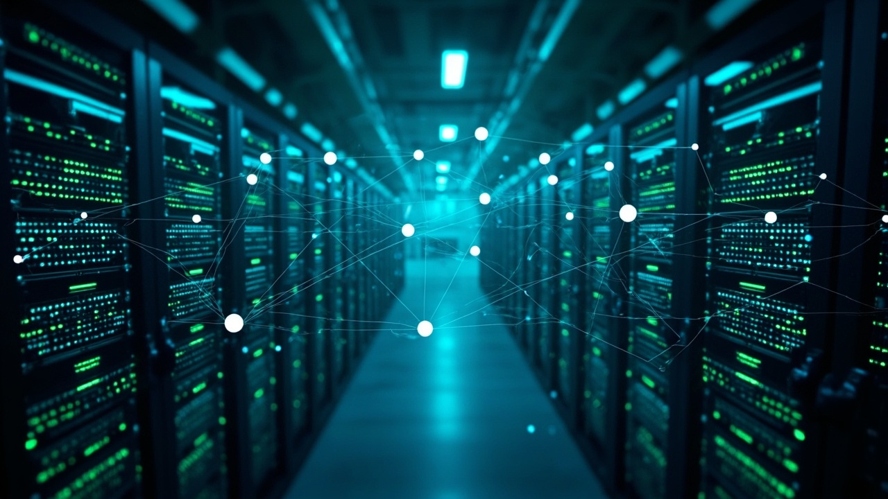 Imagen generada por IA con el prompt: Aerial view of a large modern data center with rows of server racks, overlaid with an abstract network diagram of randomly connected nodes forming a flat mesh graph, soft blue and teal lighting