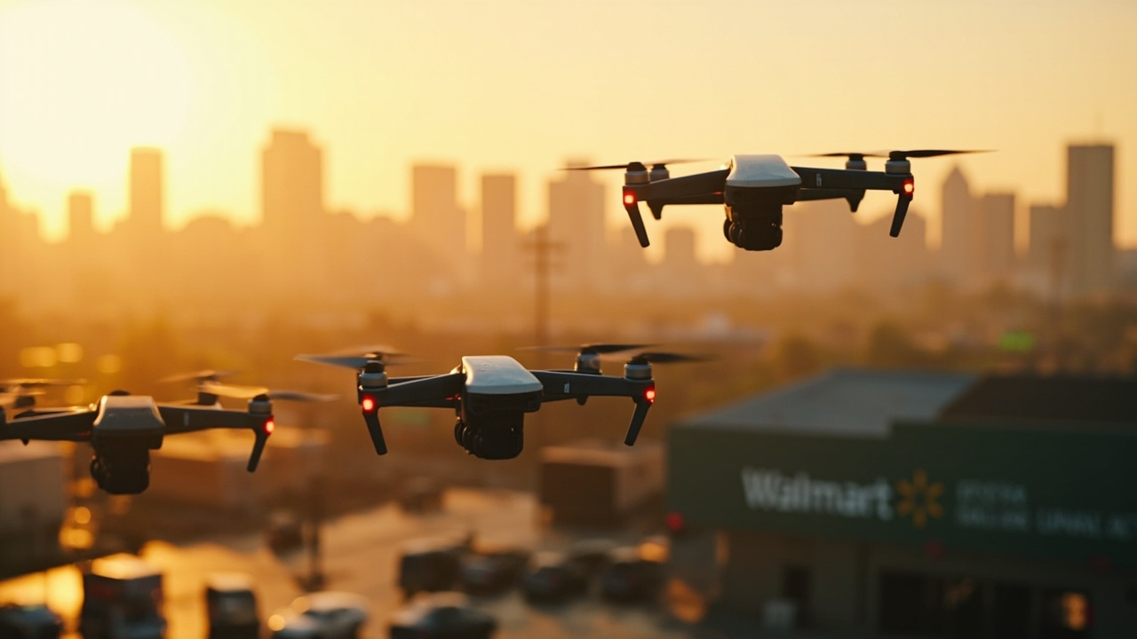 Imagen generada por IA con el prompt: Autonomous delivery drones flying above a suburban Walmart parking lot at golden hour, carrying small packages, with a U.S. city skyline blurred in the background, editorial tech illustration style.