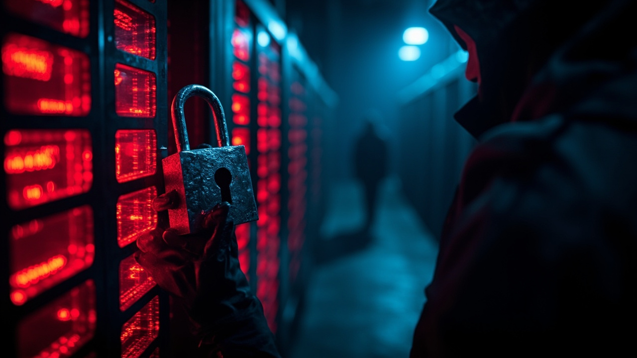 Imagen generada por IA con el prompt: Editorial illustration: a dark server room with red glowing screens, a digital padlock cracking open, a shadowy hooded figure in the background, cold blue cyber atmosphere, no real faces or logos.