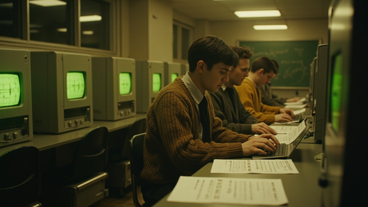 Imagen generada por IA con el prompt: Editorial illustration of a 1960s university computer lab: a row of gray mainframe terminals with glowing green screens, students in wool sweaters typing, chalkboards and printed punch cards on desks, warm sepia lighting