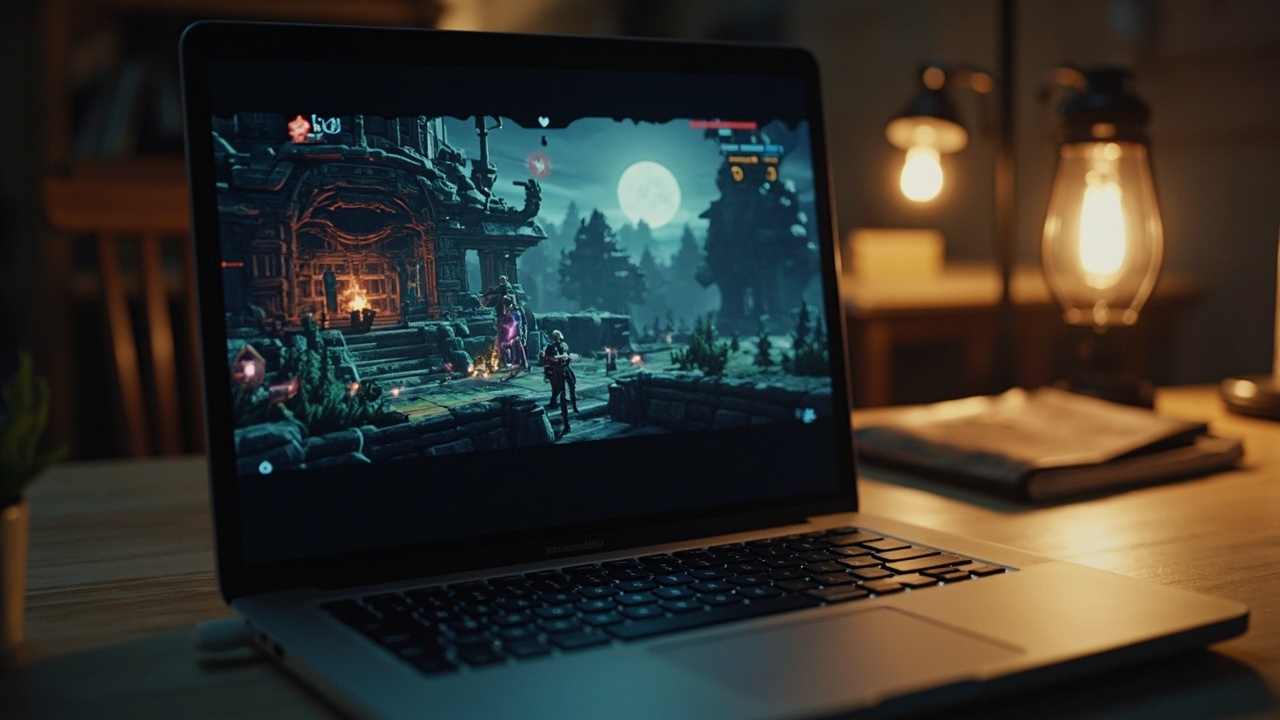 Imagen generada por IA con el prompt: Retro pixel-art fantasy game running on a modern silver Apple laptop, warm nostalgic glow on a minimalist desk, faint CRT scanline aesthetic, no logos or readable text