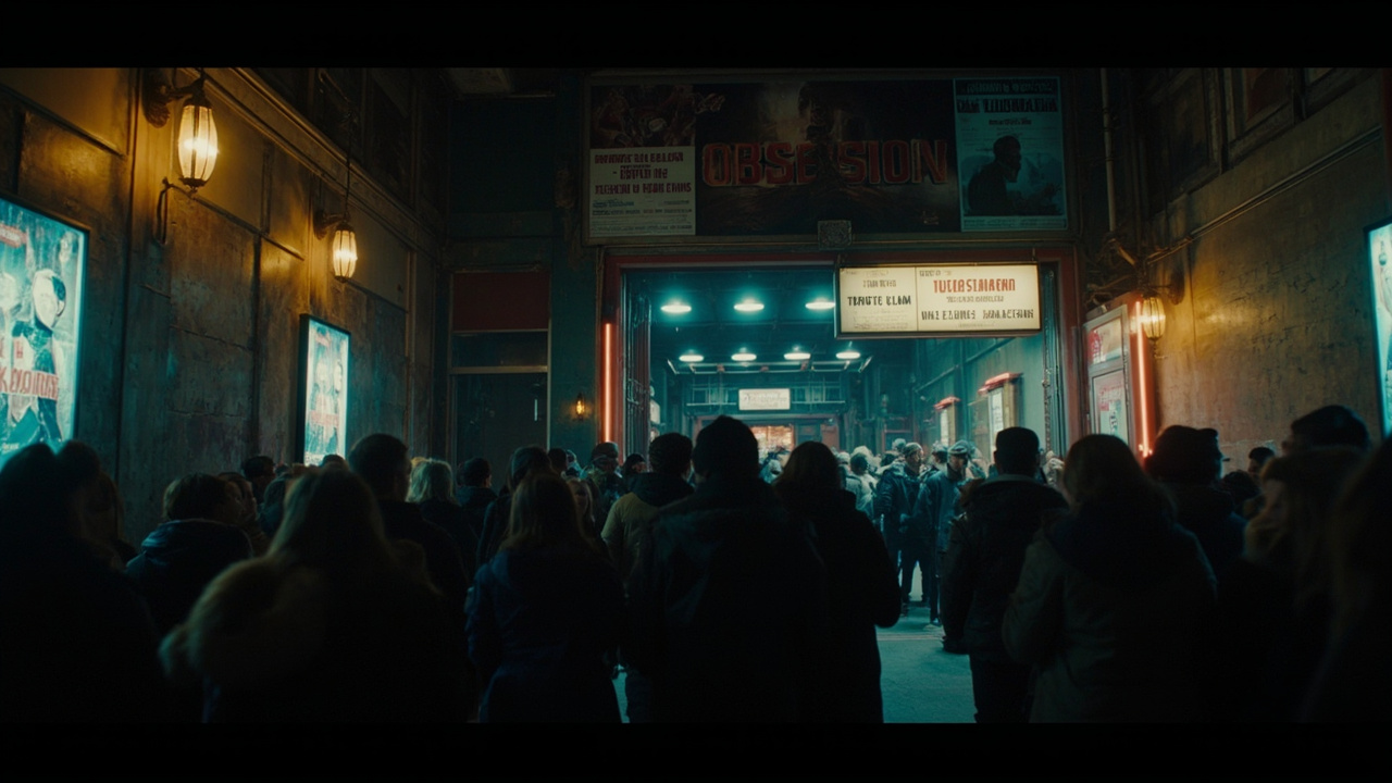 Imagen generada por IA con el prompt: A crowded movie theater with large posters for horror films 'Backrooms' and 'Obsession', a small faded 'The Mandalorian and Grogu' poster, young crowd entering, neon lights, cinematic atmosphere.