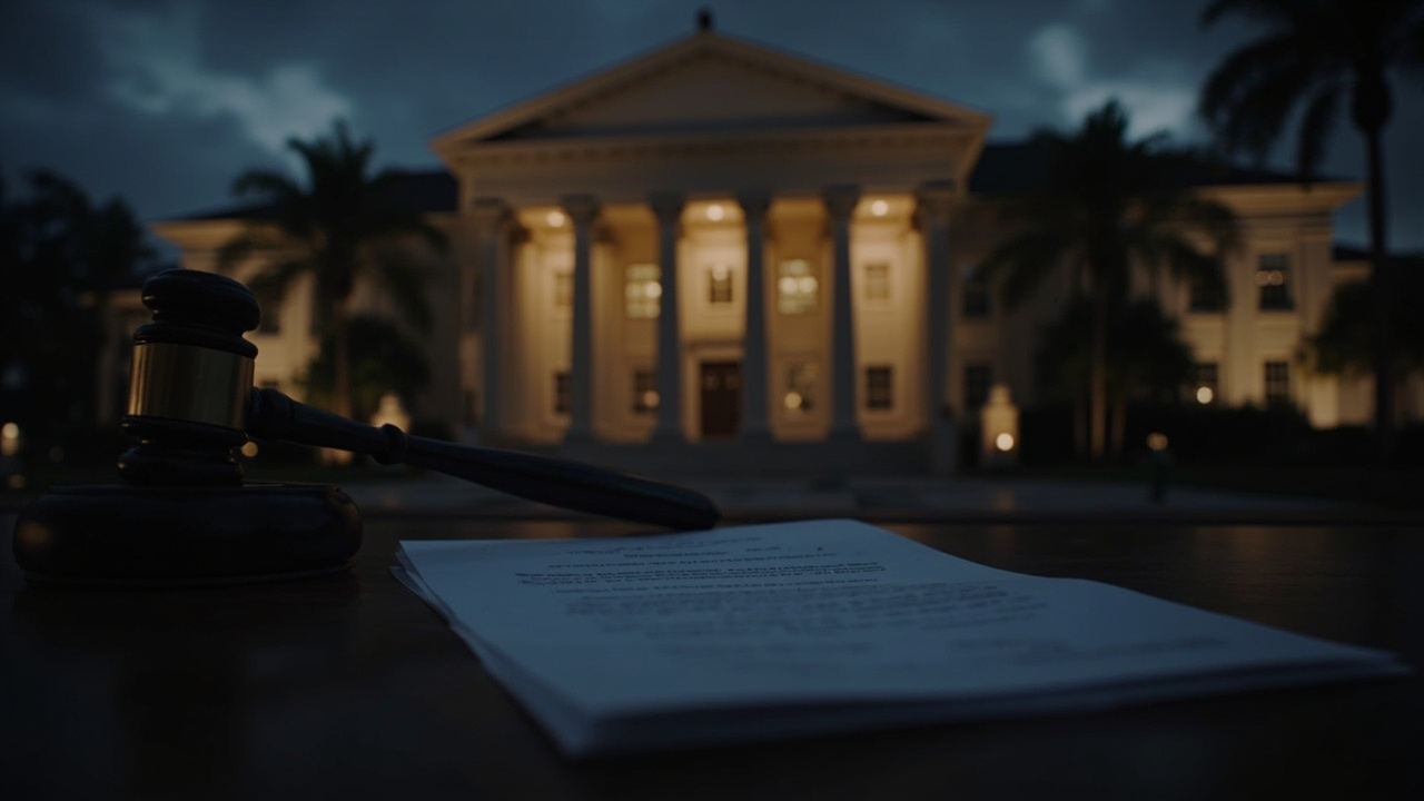 Imagen generada por IA con el prompt: Florida state courthouse exterior at dusk, gavel resting on legal documents on a wooden desk, dark editorial lighting, news photography style
