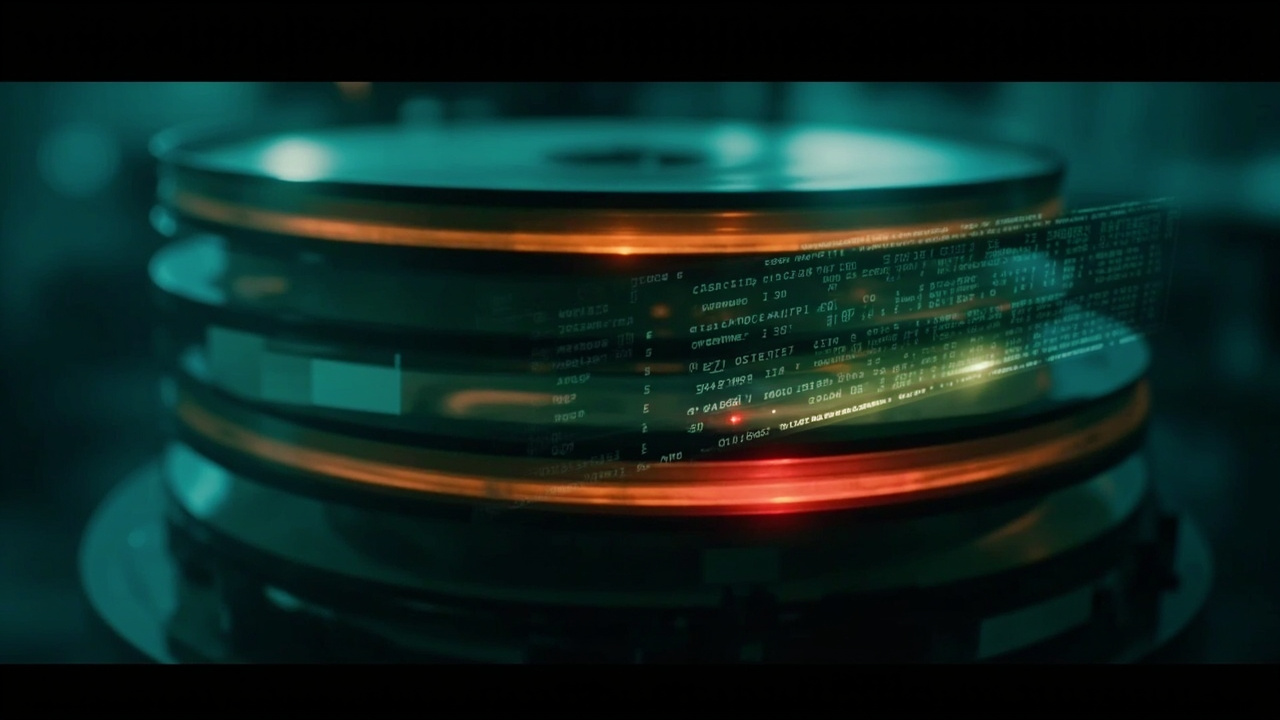 Imagen generada por IA con el prompt: Technical editorial illustration: a glowing disk platters stack with a hex editor overlay, a single corrupted byte highlighted in red, ZFS-themed color palette of teal and amber.