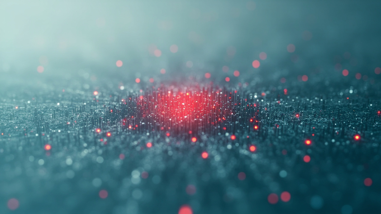 Imagen generada por IA con el prompt: Editorial illustration of scattered data points on a scatter plot, a few highlighted in red and dominating the rest; minimalist, clean lines, muted blue and red palette, statistical theme.
