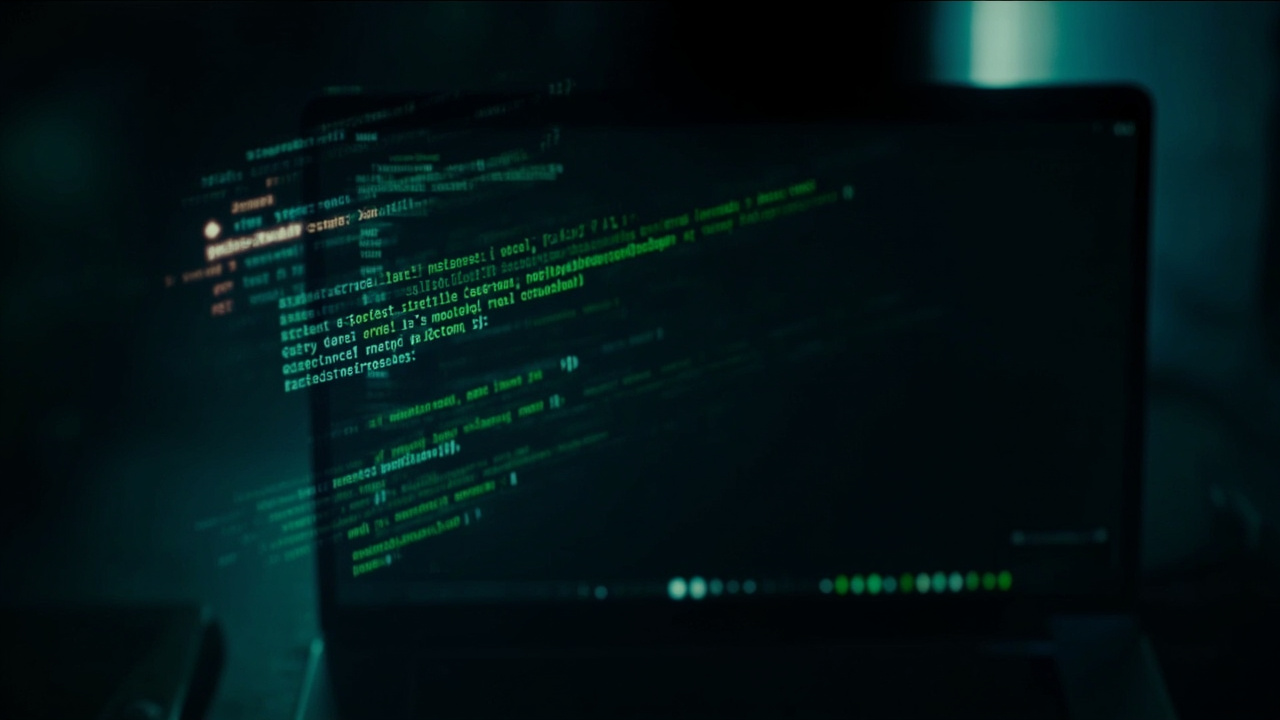 Imagen generada por IA con el prompt: Terminal window on a dark desk showing a security CLI in green monospaced text, a markdown report preview floating beside it, faint circuit-board pattern in the background, moody cyan lighting
