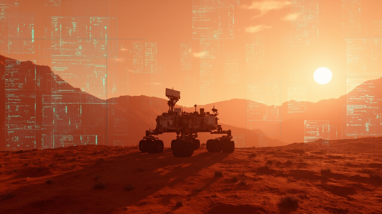 Imagen generada por IA con el prompt: Editorial illustration of a lone Mars rover on a red dusty landscape, surrounded by floating holographic code windows and memory modules, soft sunset lighting, futuristic technical style