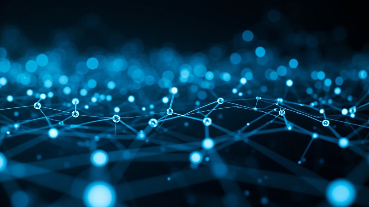 Imagen generada por IA con el prompt: Abstract neural network of glowing nodes and connecting lines forming a memory graph, deep blue and electric cyan tones, digital data streams, futuristic AI concept, no text