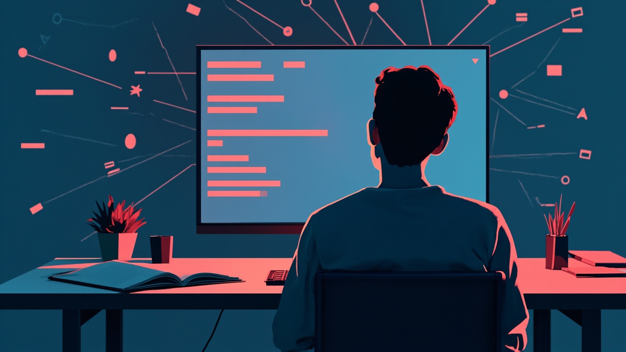 Imagen generada por IA con el prompt: A frustrated developer at a desk staring at a monitor showing crossed-out commit message templates, with tangled git branch diagrams in the background, flat editorial illustration, muted blue and red tones, minimalist st