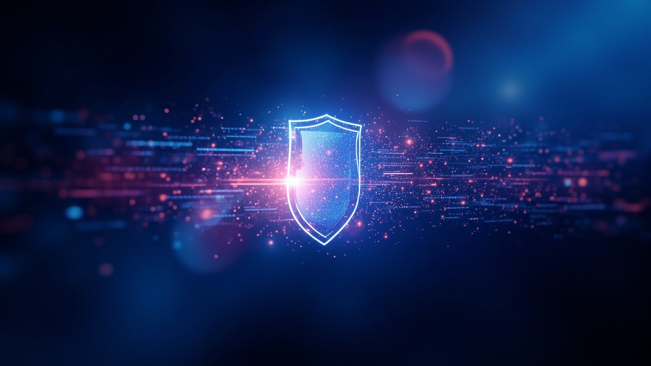 Imagen generada por IA con el prompt: Abstract editorial illustration of a glowing digital shield filtering streams of text between two AI nodes, deep blue and violet tones, soft gradients, no logos, no faces
