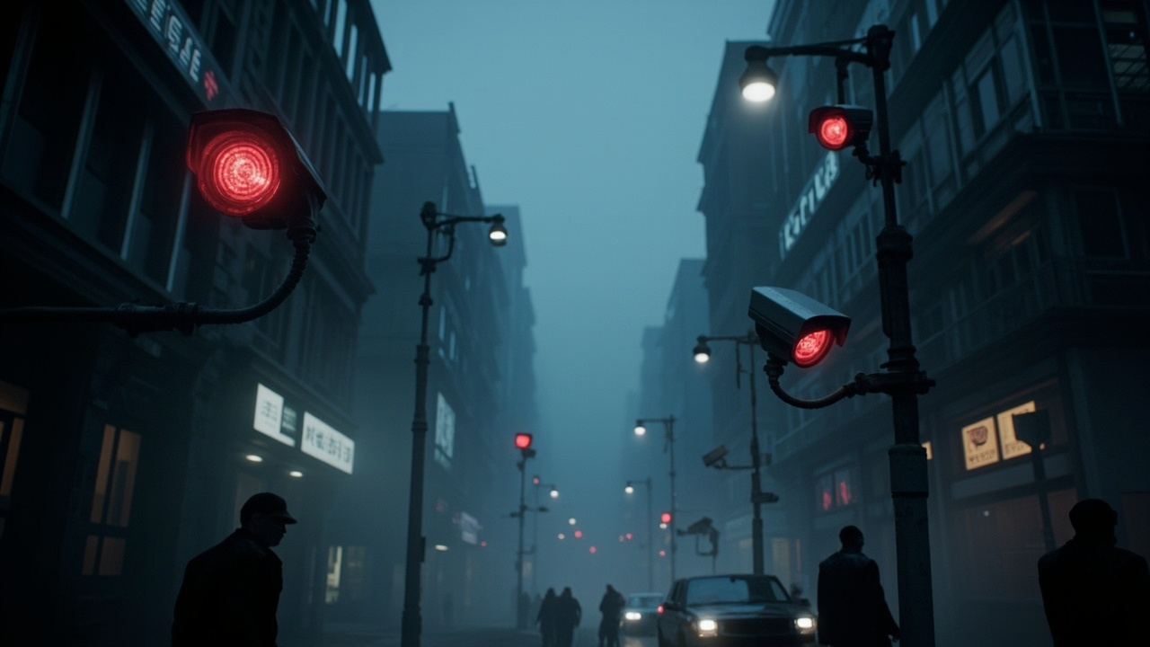 Imagen generada por IA con el prompt: Dystopian city street at dusk crowded with surveillance cameras mounted on lampposts and buildings, glowing red lenses, soft fog, cinematic dark blue palette, no recognizable faces or logos