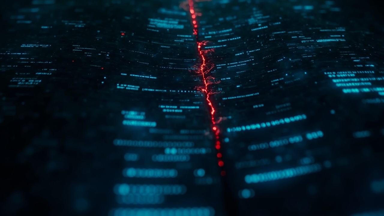 Imagen generada por IA con el prompt: Abstract dark scene of glowing blue metadata tables and tangled hex streams, pierced by a single red cracked line, evoking complexity and hidden traps in a digital file format.