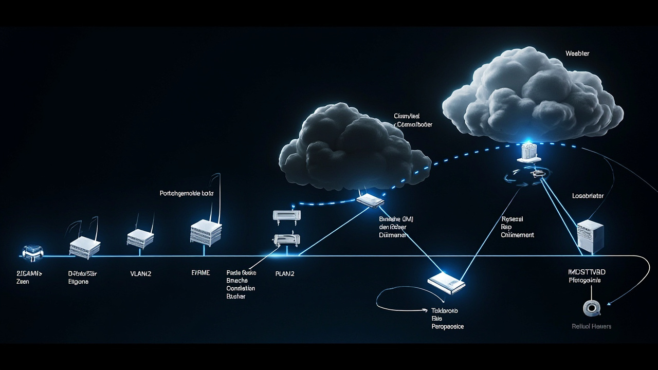Imagen generada por IA con el prompt: A schematic diagram illustrating the evolution of a home network, starting with a simple router and progressing to a complex setup with VLANs, firewalls, and open-source switches. Focus on the transition from proprietary