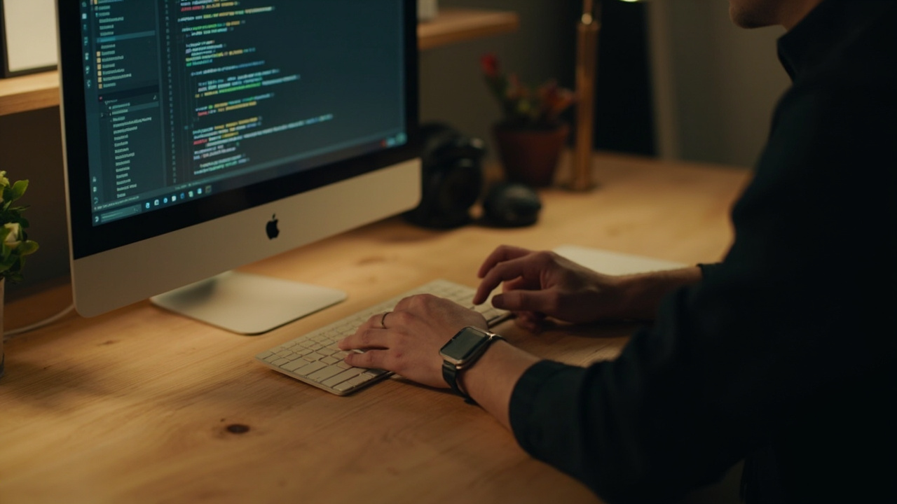 Imagen generada por IA con el prompt: A developer at a minimalist wooden desk with a Mac computer, one hand resting near a wrist brace, soft warm light, code faintly visible on screen, indie workspace editorial photography