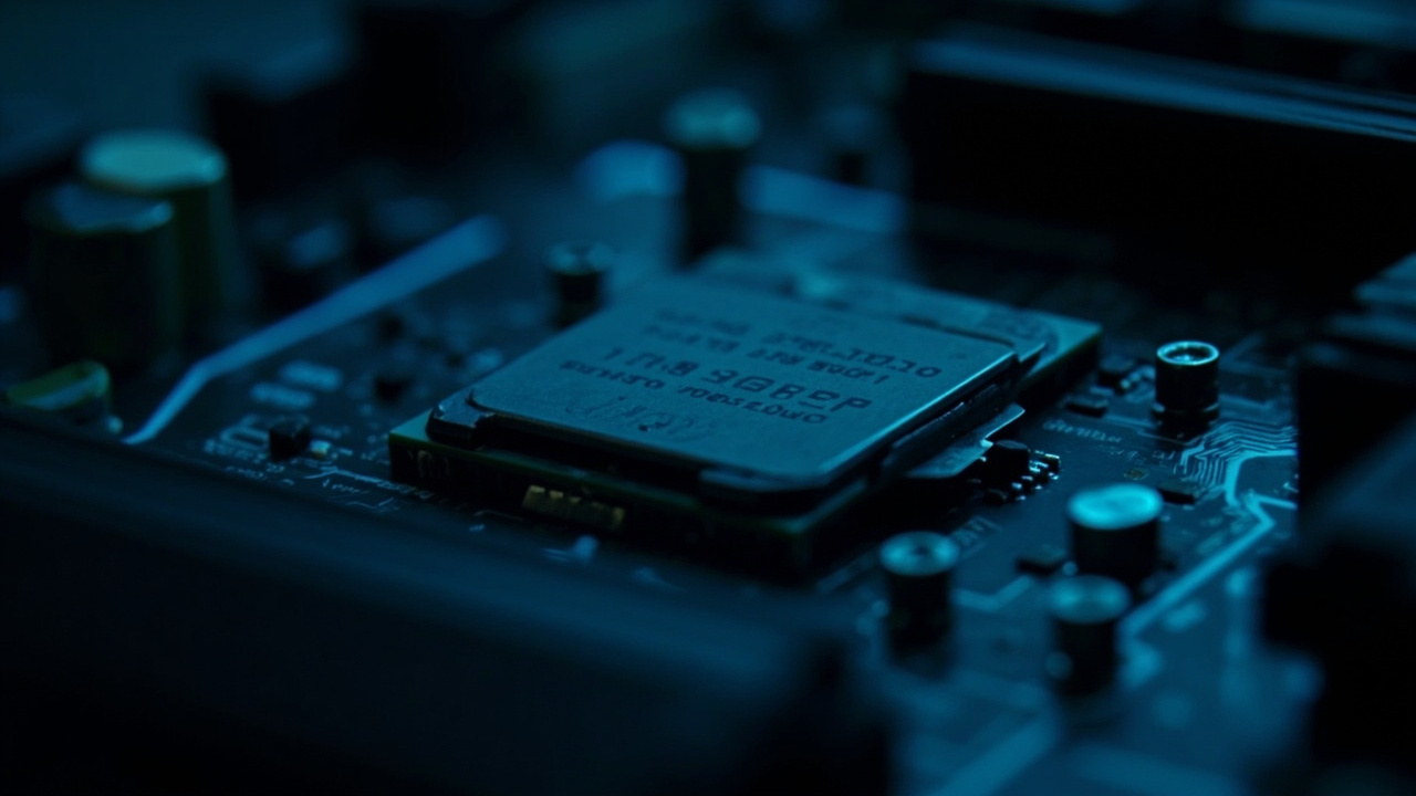 Imagen generada por IA con el prompt: Close-up of an empty LGA CPU socket on a dark motherboard, blue circuit traces, shallow depth of field, moody editorial tech photography, no logos or text.