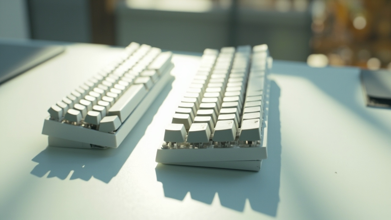 Imagen generada por IA con el prompt: Split ergonomic white mechanical keyboard on a minimalist desk, low profile keycaps, contoured thumb cluster, soft natural daylight, editorial product photography.