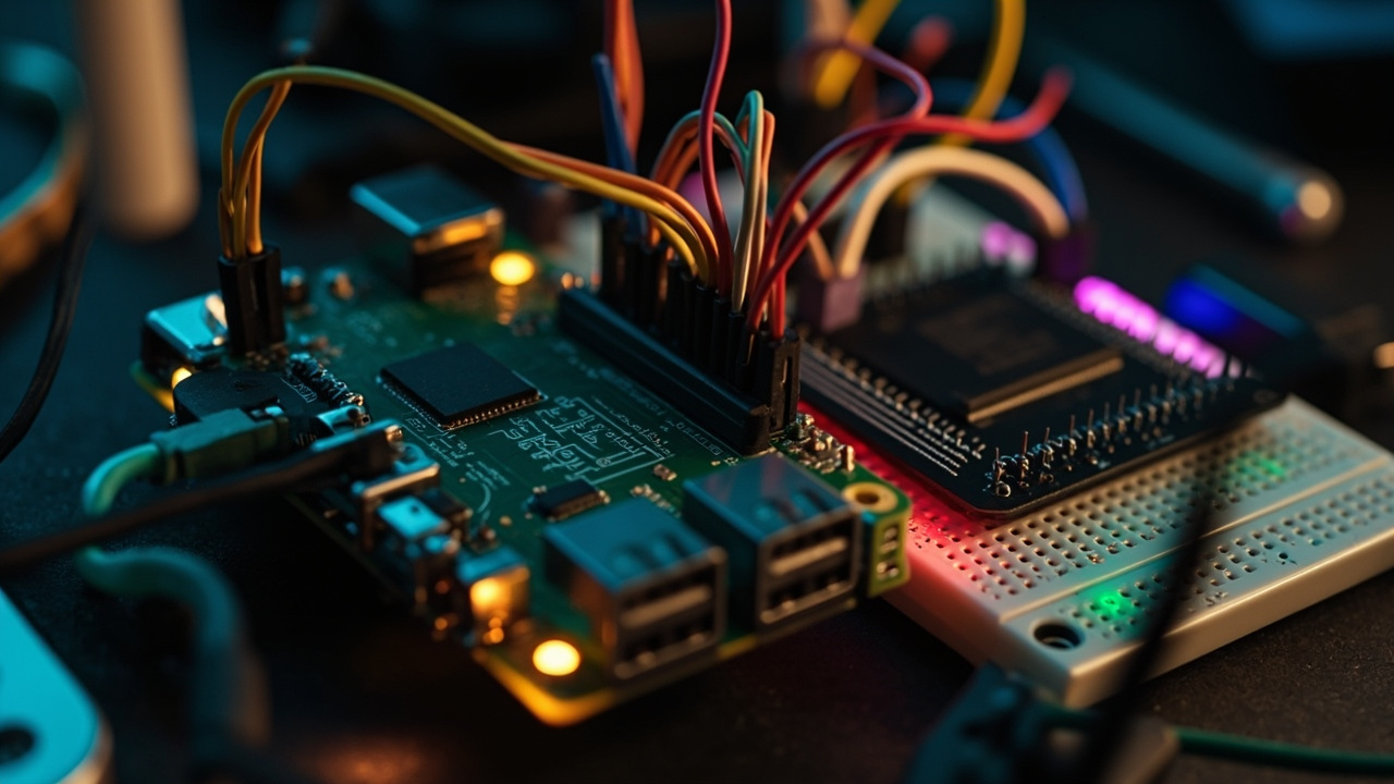 Imagen generada por IA con el prompt: Close-up of a Raspberry Pi Pico PCB wired with colorful jumper cables to a vintage Z80 CPU on a breadboard, retro computing lab setup, soft LED glow, technical workbench