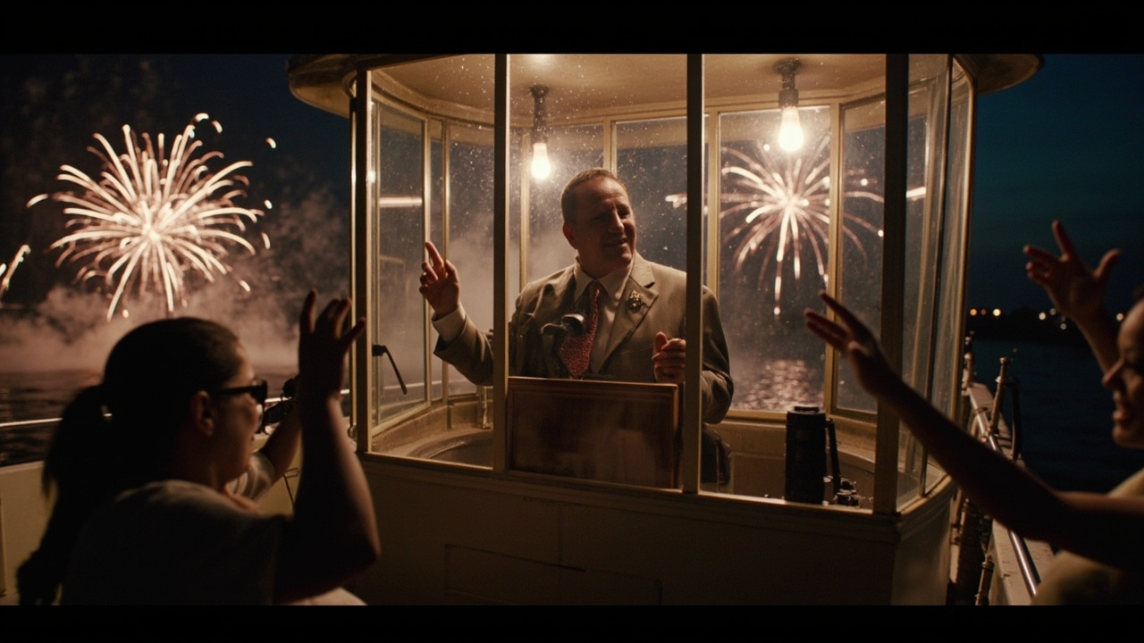 Imagen generada por IA con el prompt: An election night scene in Colombia: a boat on the Magdalena River with a podium behind bulletproof glass, surrounded by cheering supporters, under fireworks.