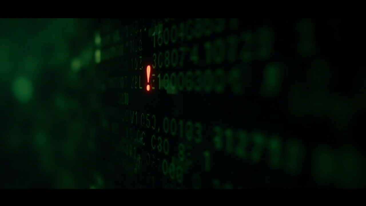 Imagen generada por IA con el prompt: Dark terminal screen glowing green with a single red exclamation mark among lines of code, abstract data corruption visual, cinematic cybersecurity mood