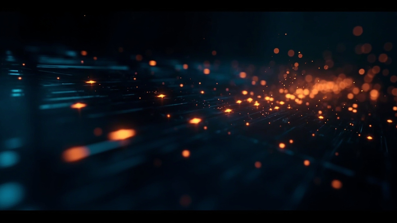 Imagen generada por IA con el prompt: Abstract visualization of data sorting with glowing arrows and ordered streams converging into aligned grids, dark background, blue and orange palette, modern minimalist code aesthetic.