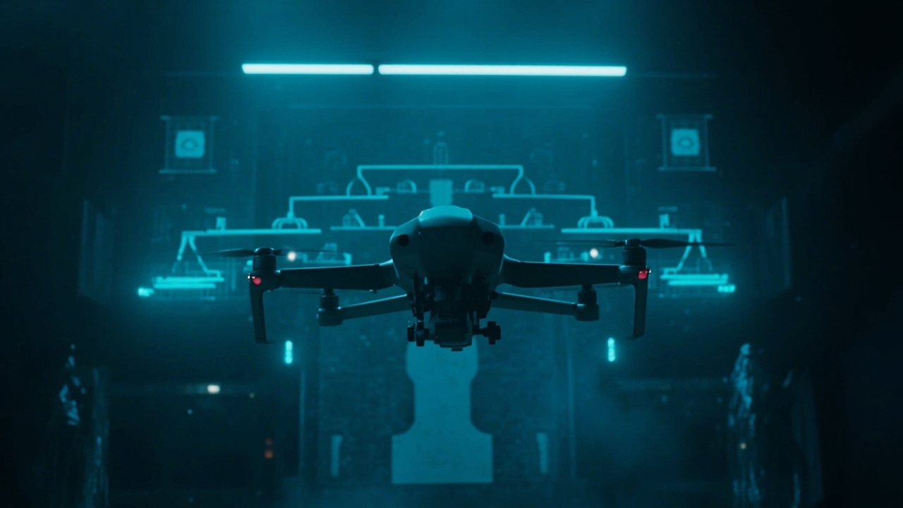 Imagen generada por IA con el prompt: A sleek military surveillance drone hovering in a dimly lit tactical command room, surrounded by glowing holographic ethical decision-tree diagrams and scales of justice overlays, cinematic dark blue lighting