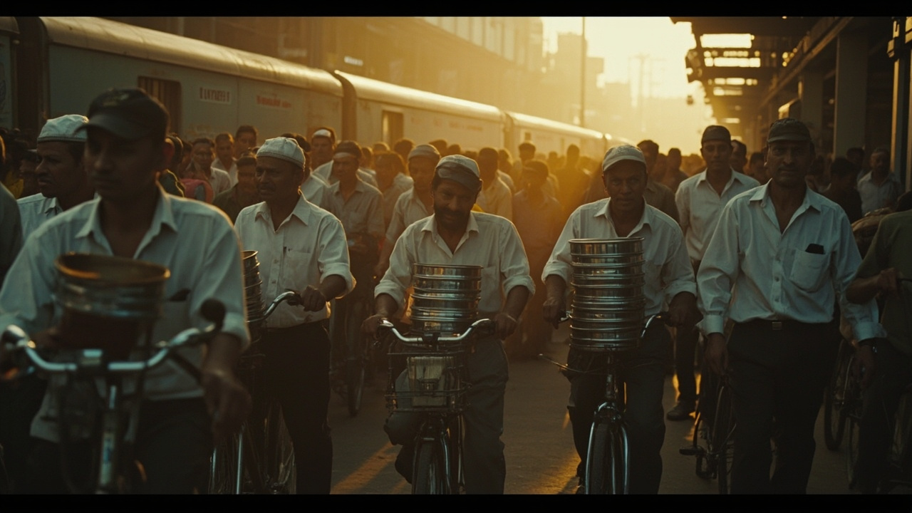 Imagen generada por IA con el prompt: Crowded Mumbai train platform at dawn, men in white shirts and caps carrying tall stacks of stainless steel lunch boxes, vintage bicycles, warm morning light, documentary photo style