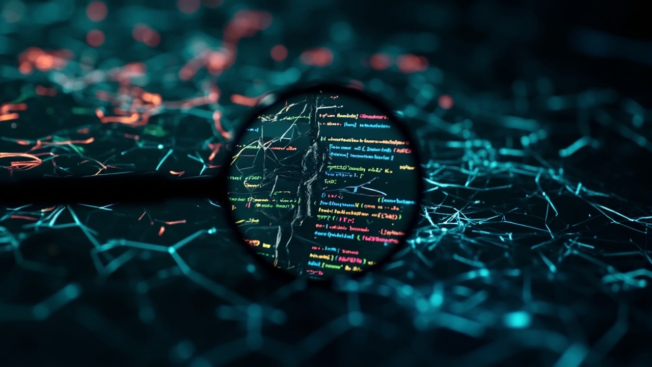 Imagen generada por IA con el prompt: Editorial flat illustration of a tangled web of colorful CSS code blocks and HTML tags on a dark background, with a magnifying glass inspecting a broken page layout
