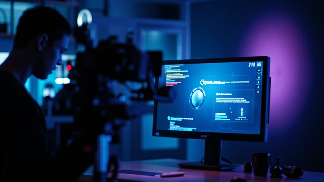 Imagen generada por IA con el prompt: Developer recording browser automation demo on camera, AI agent navigating a website on screen, modern minimalist tech setup, blue-purple cinematic lighting, editorial style