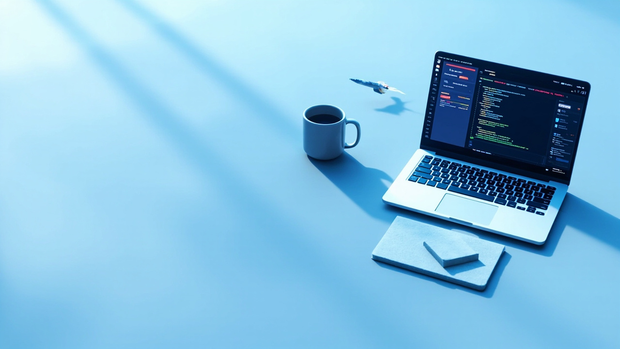 Imagen generada por IA con el prompt: Minimalist digital illustration of a remote workstation with a laptop showing code and AI chat interfaces, coffee mug, notebook, and a small rocket icon, soft daylight, blue and white tones, no faces or brand logos.