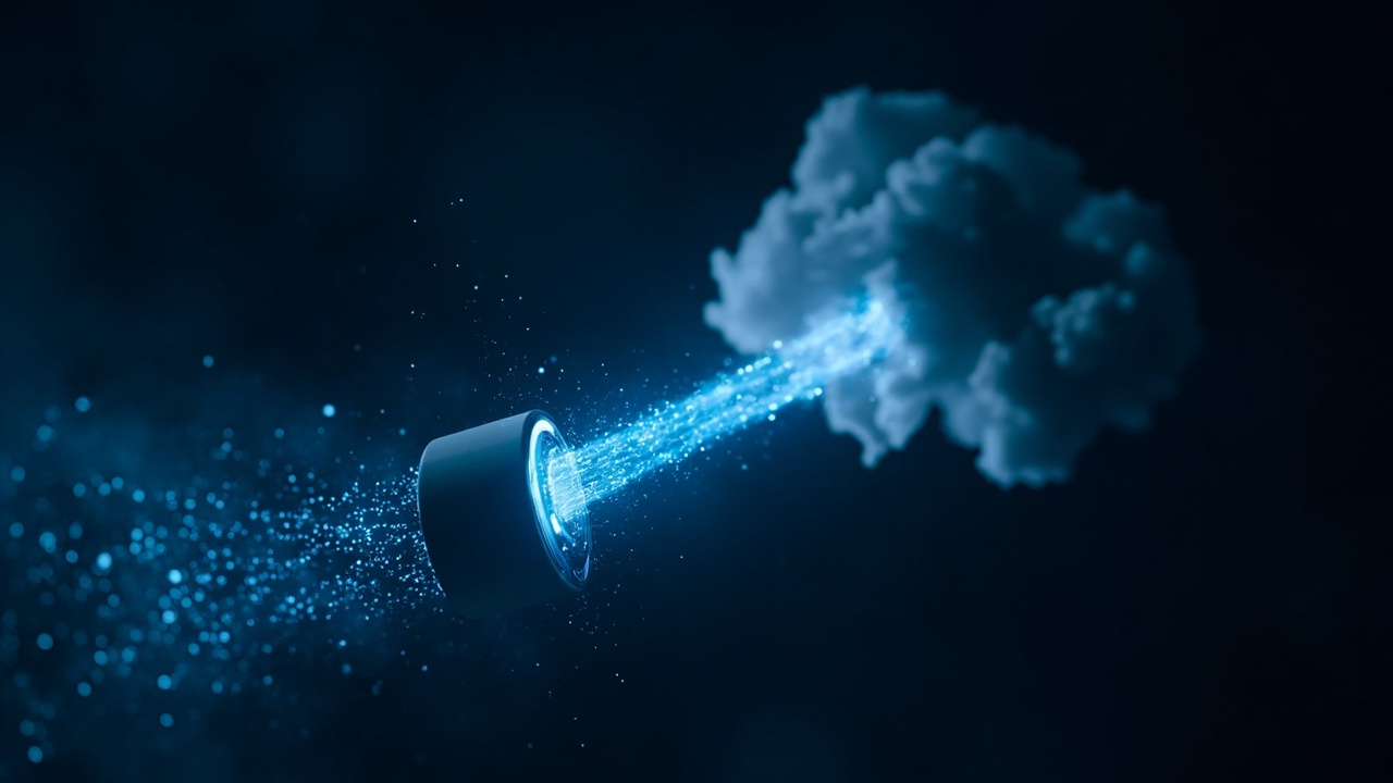 Imagen generada por IA con el prompt: Minimalist tech illustration of data streams flowing from a database cylinder into a warehouse cloud, glowing blue particles, dark background, modern SaaS style, no logos or text.