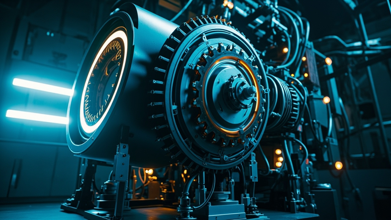 Imagen generada por IA con el prompt: A large cylindrical industrial pulser module prototype in a high-tech lab. Visible circular metal stages, capacitors and high-voltage cables. Dramatic blue-white lighting suggesting immense power. Editorial sci-tech aest