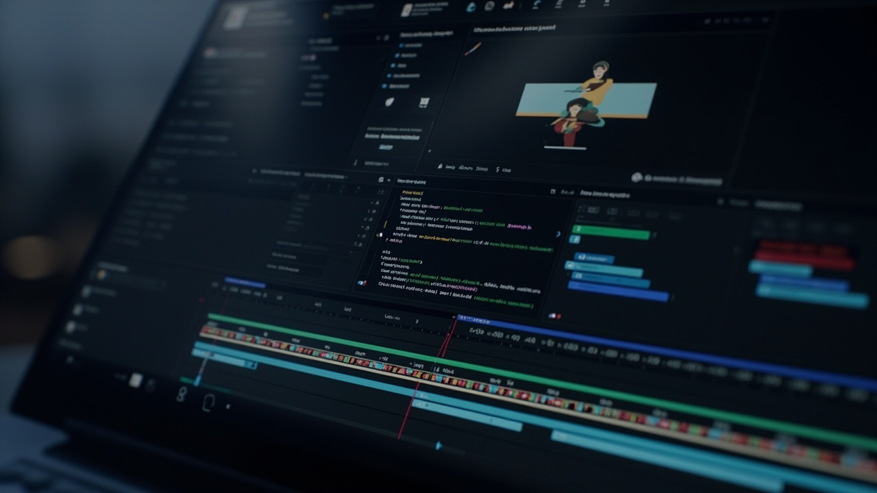 Imagen generada por IA con el prompt: Browser-based video editor interface with timeline, ffmpeg command preview, and video preview pane. Dark themed UI, modern flat illustration, abstract workspace, no logos or text.