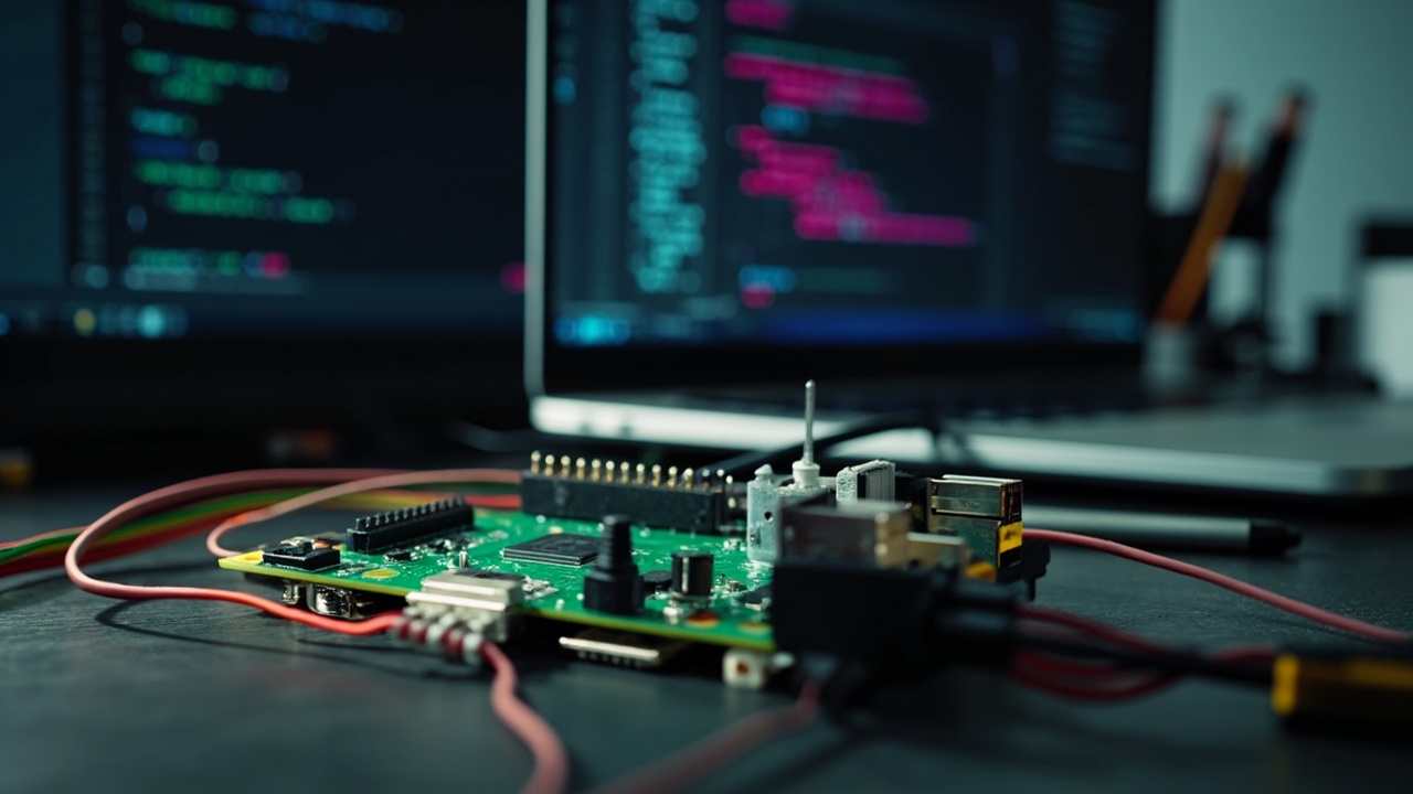 Imagen generada por IA con el prompt: Raspberry Pi Pico 2 microcontroller on a workbench with colorful jumper wires connected to a small TFT display and sensor modules, a laptop with a code editor softly blurred in the background. Technical editorial photo, 