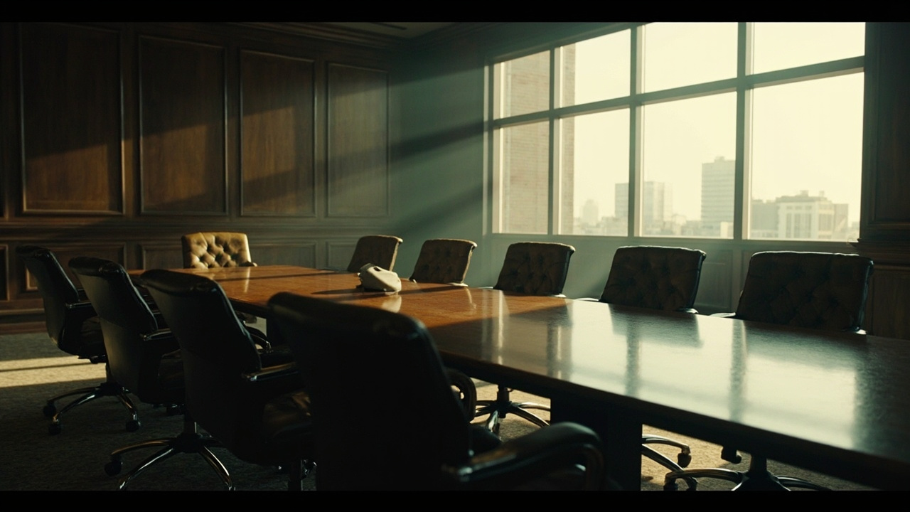 Imagen generada por IA con el prompt: Empty corporate boardroom with long mahogany table and leather executive chairs, soft natural light from tall windows, formal business atmosphere, editorial photography style, no people