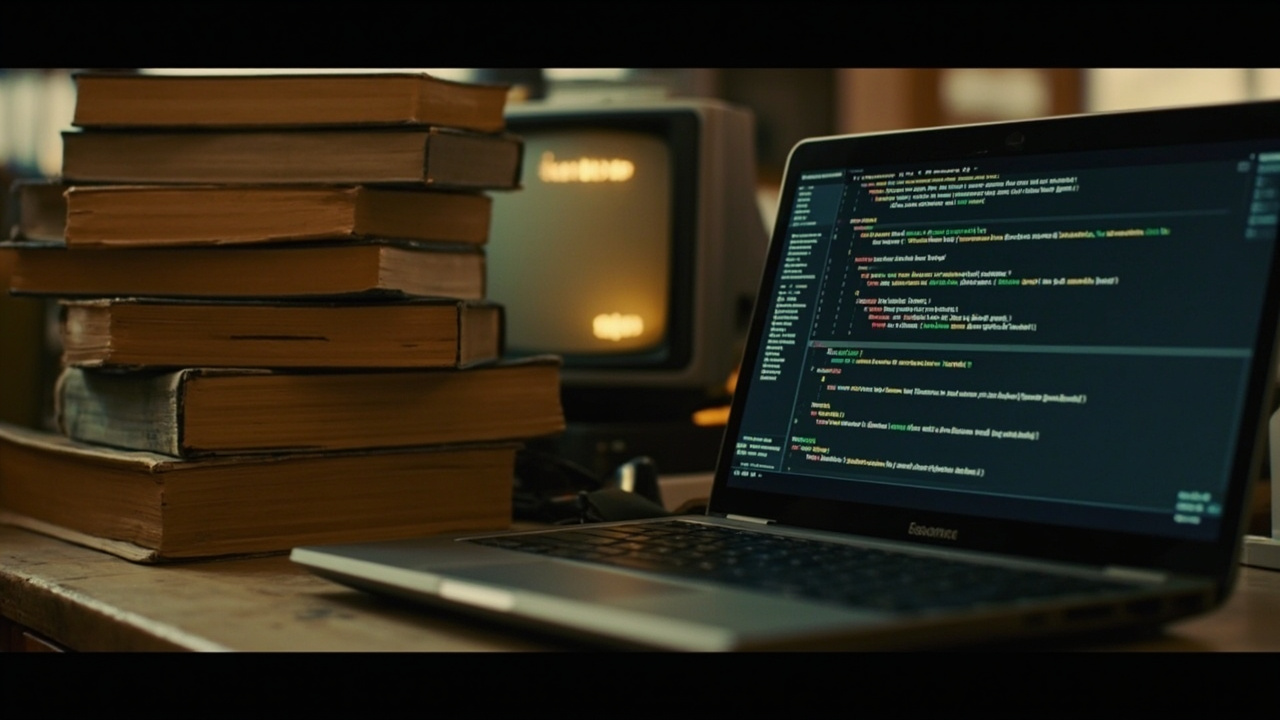Imagen generada por IA con el prompt: Vintage 1990s beige computer manuals stacked beside a modern laptop showing code, a CRT monitor glowing softly in the background, warm nostalgic office lighting, editorial tech photography style