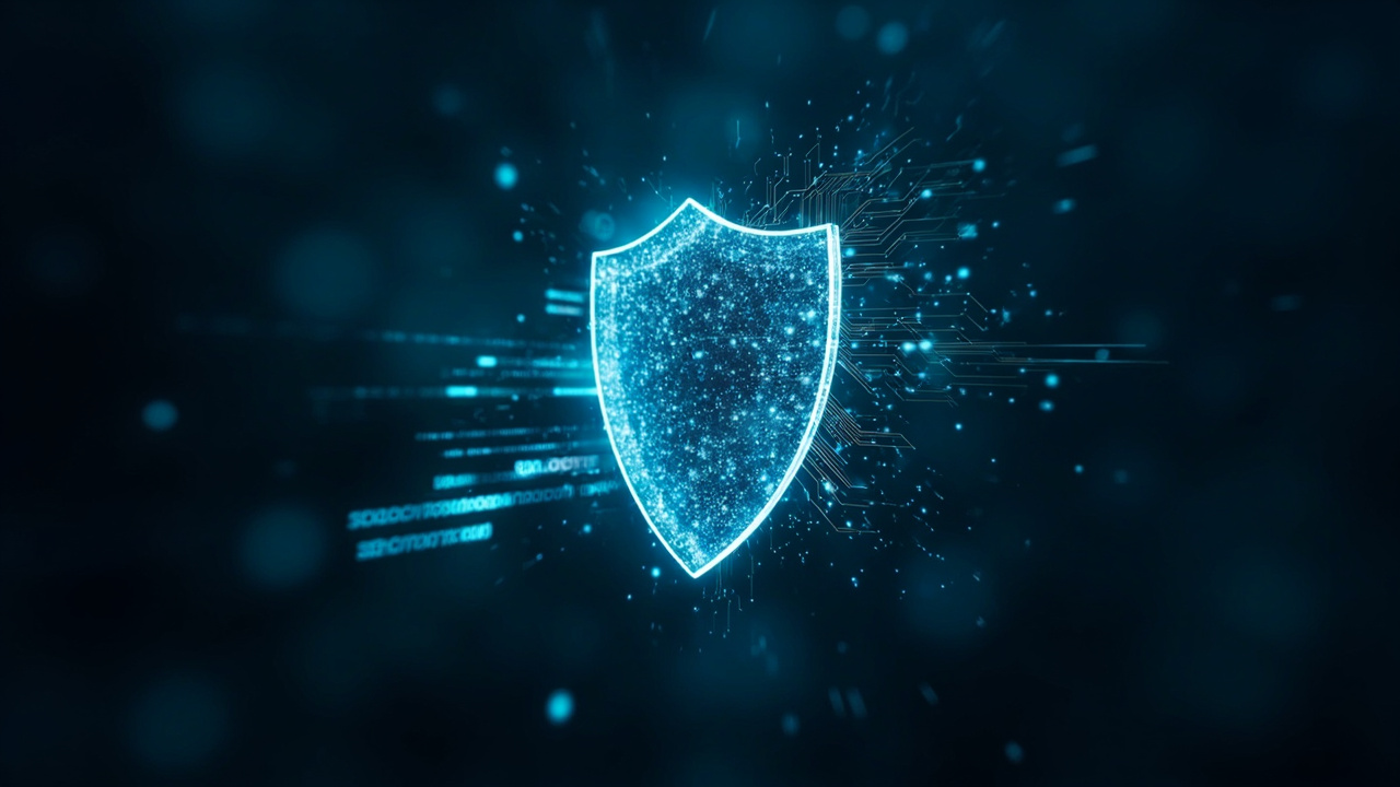 Imagen generada por IA con el prompt: Abstract digital illustration of a glowing shield with circuit board patterns and floating code fragments, representing open-source kernel security, dark blue and cyan tones, professional editorial style