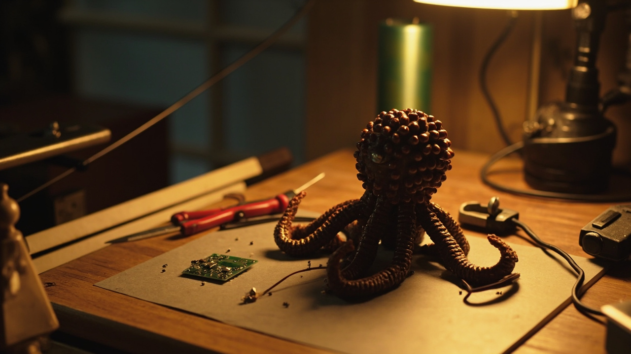 Imagen generada por IA con el prompt: Disassembled small toy octopus robot on a wooden workbench, exposed PCB, loose wires, soldering iron and pliers around, warm desk lamp light, cozy maker workshop aesthetic