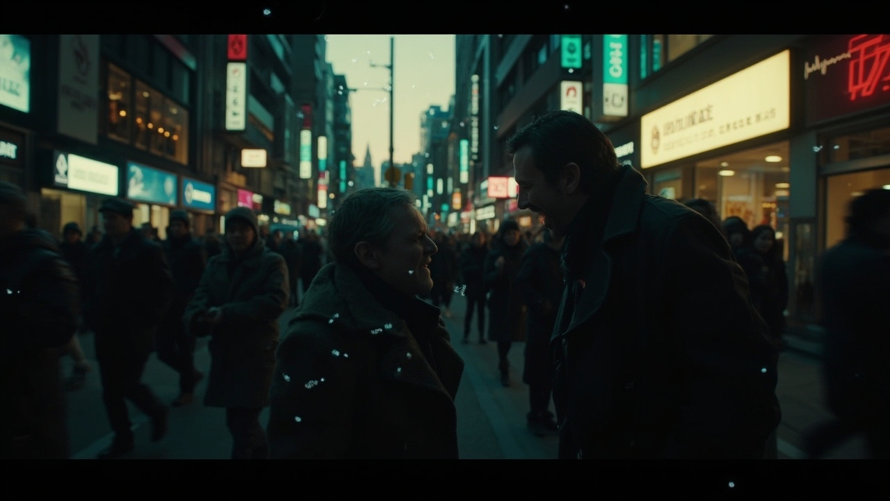 Imagen generada por IA con el prompt: A crowded street at dusk, silhouettes of pedestrians, one figure in rage crossing toward another, facial features blurred, with glowing streams of numbers and heartbeat lines floating around them, evoking surveillance an