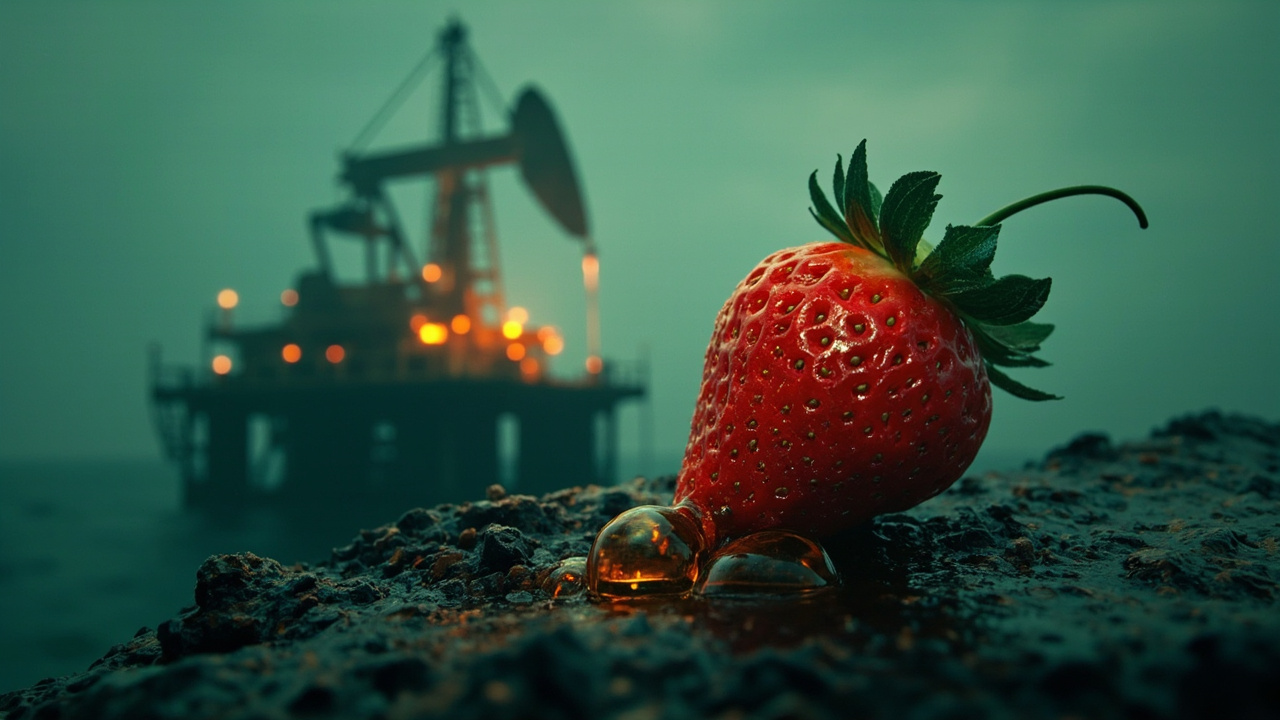 Imagen generada por IA con el prompt: Surreal editorial illustration: a strawberry perched on a dark oil drilling platform, a derrick extracting glowing amber essence from it, muted teal and warm tones, slightly dystopian mood, no faces