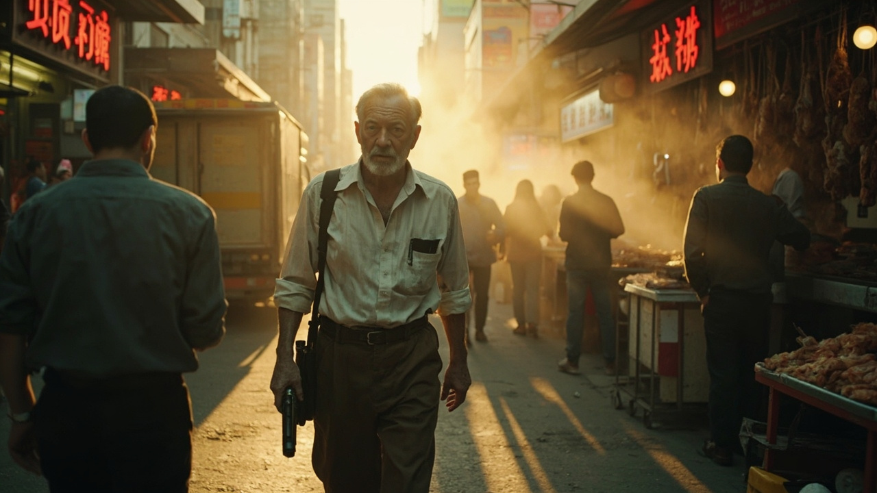 Imagen generada por IA con el prompt: A crowded street market at dawn in a futuristic city, cleaning trucks advancing, a middle-aged man in worn white shirt and brown pants looks anxious, steam from food stalls, hanging cured meats, neon signs in Chinese, dy