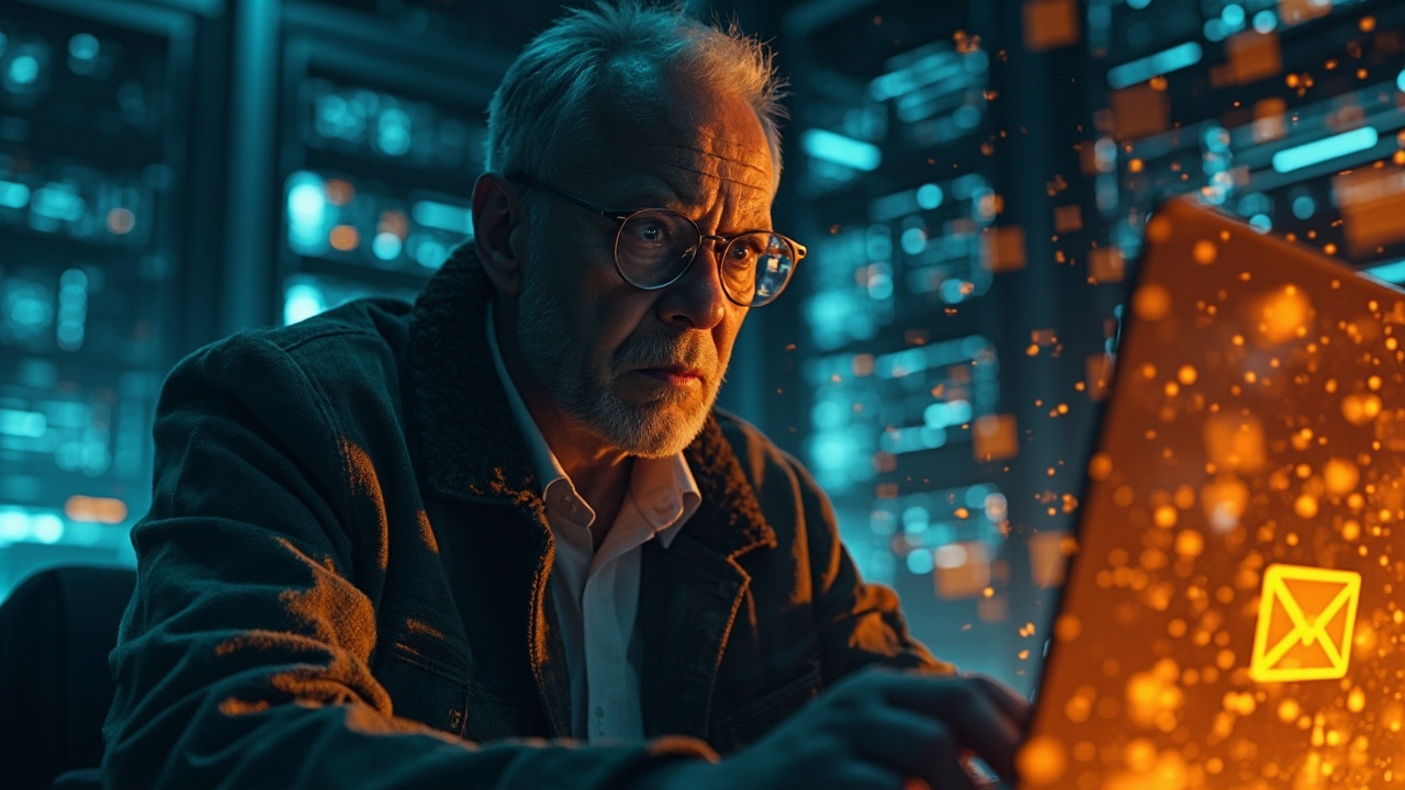 Imagen generada por IA con el prompt: Angry older programmer with glasses staring at a laptop, glowing email on screen, swirling digital AI particles and server racks in background, editorial illustration, warm orange and cool blue contrast, minimalist