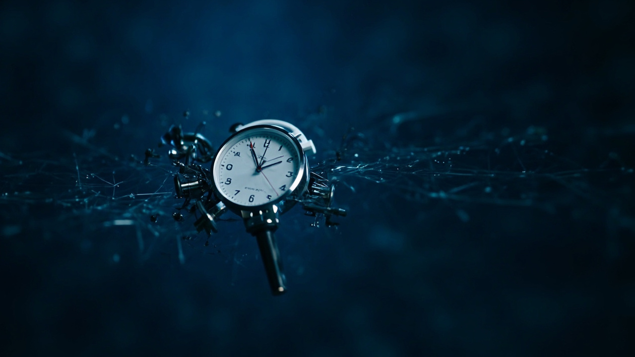Imagen generada por IA con el prompt: Stylized 24-hour clock face intertwined with mechanical gears and soft circuit traces, deep blue background, editorial technical illustration, minimalist, no text or logos.