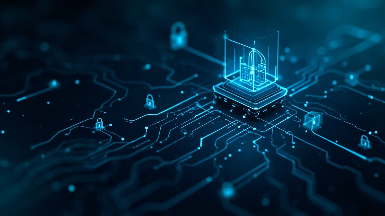 Imagen generada por IA con el prompt: Modern tech illustration of a compiler with flowing code blocks, data streams, and secure locks symbolizing memory safety, in a dark blue and cyan palette, no faces or text.
