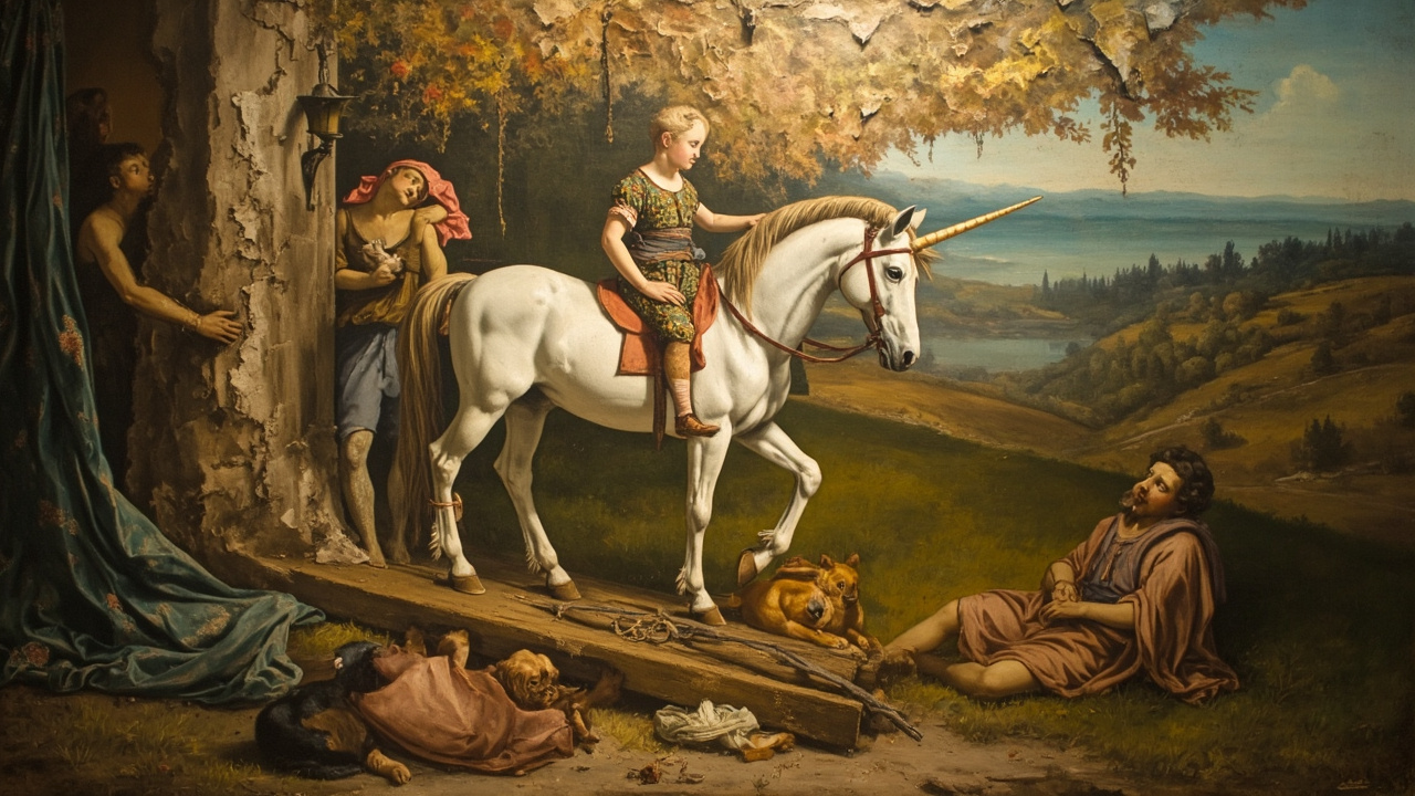 Imagen generada por IA con el prompt: A Renaissance portrait with peeling paint layers revealing a unicorn, a saint's wheel, and a lapdog, placed in a soft landscape. Ethereal light highlights the palimpsest effect, Raphael style, no faces.