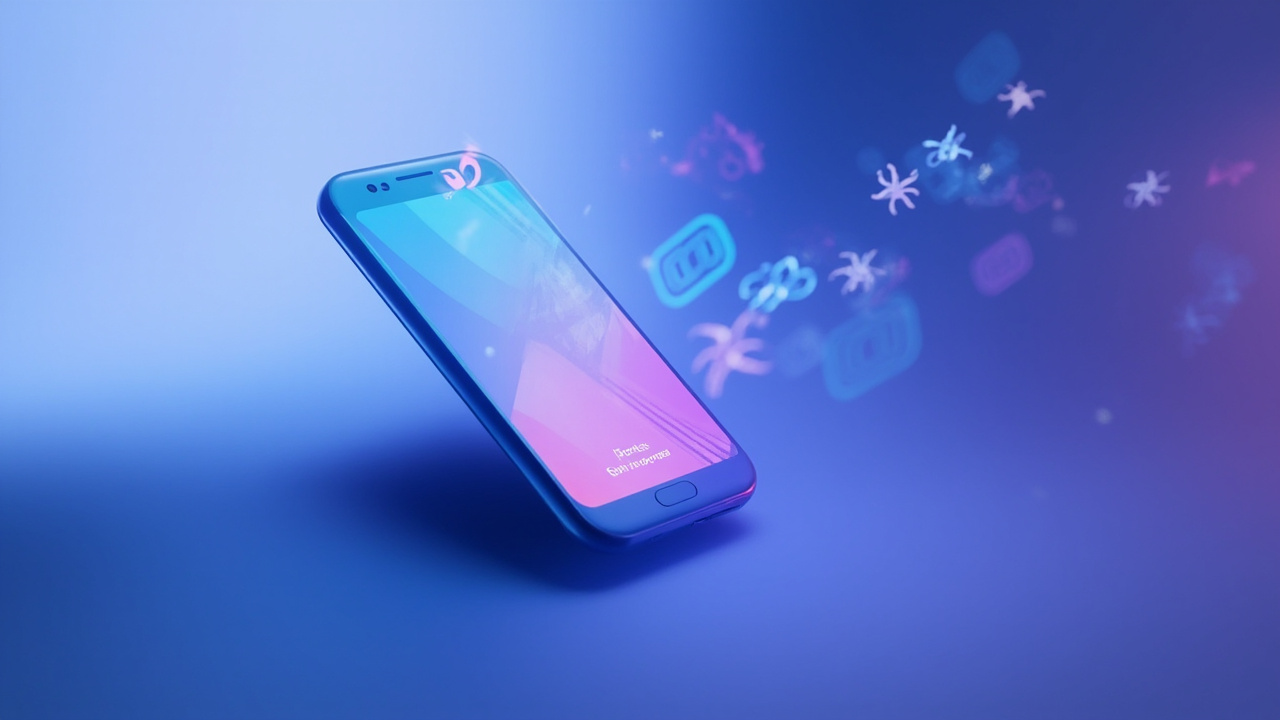 Imagen generada por IA con el prompt: Modern smartphone displaying clean Android interface, soft blue-purple gradient background, subtle floating code and bug icons, editorial tech photography style, no logos
